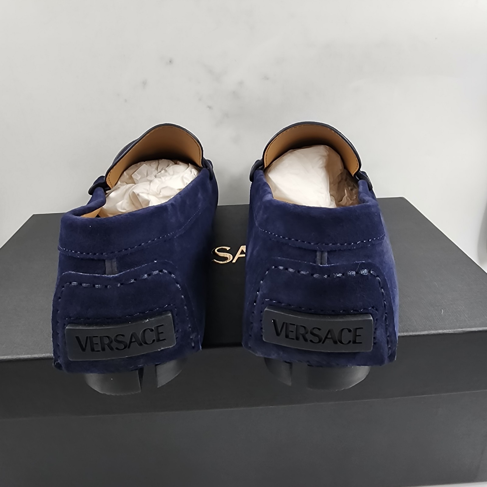 Versace Medusa Penny Loafers Men's 42.5/9.5US Blue Stitched Moc Toe Slip On - Picture 5 of 24