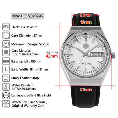 Pre-owned San Martin Sn0102-g Seagull Automatic White Dial 37mm 5atm Men's Dress Watch