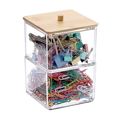 Clear Stackable Paper Clip Holder with Bamboo Lid 2-Layer Paperclip Box Thick...