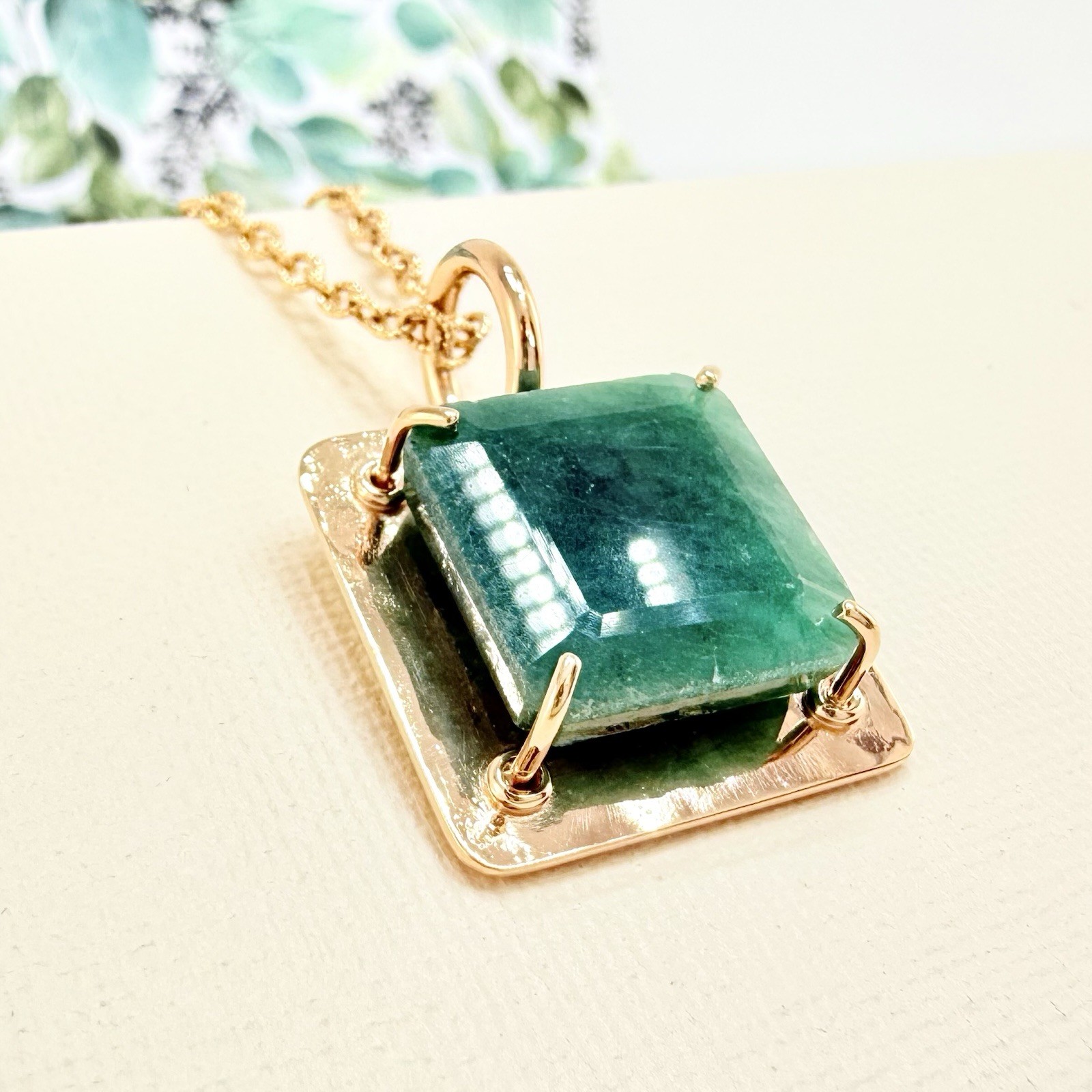 14k Yellow Gold Genuine Emerald Modernist Unisex Pendant, Newly Handcrafted - Picture 8 of 10