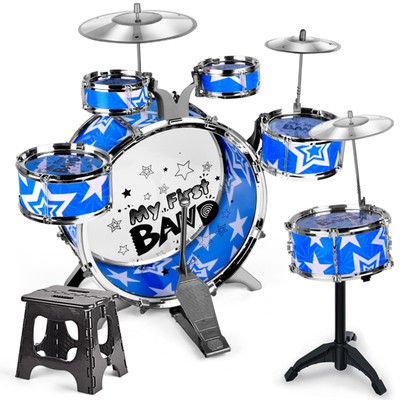 6-Piece  Drum Set Drum Kit Jazz Drum Set with Folding Step Stool Cymbal U3I1