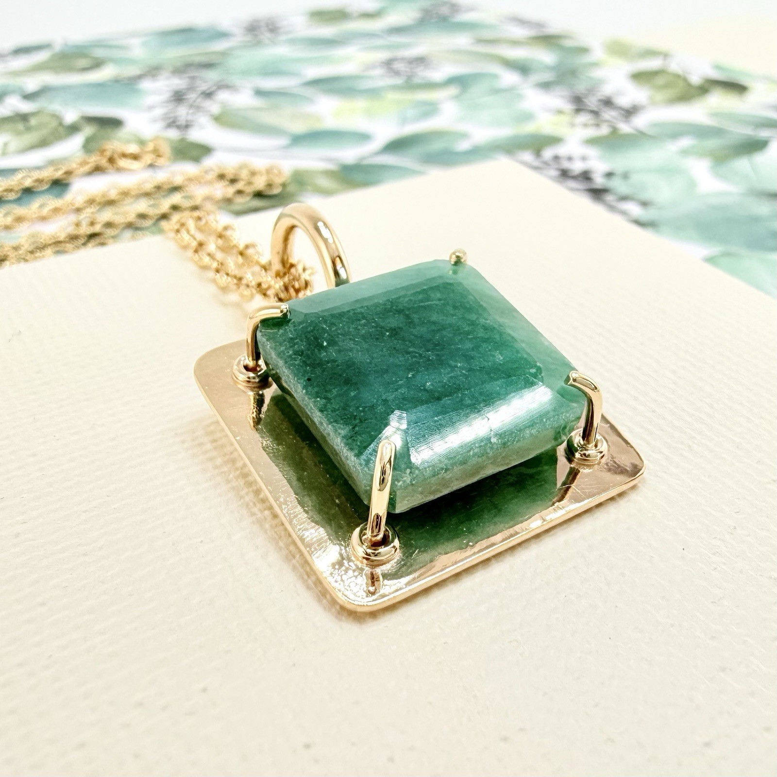 14k Yellow Gold Genuine Emerald Modernist Unisex Pendant, Newly Handcrafted - Picture 3 of 10