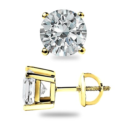 4 Ct Round Cut Moissanite FL/D Stud Earrings 14K Yellow Gold 8mm Screw Back Gift