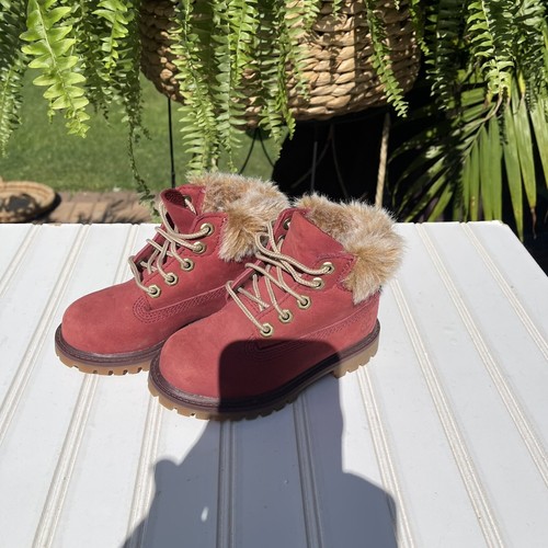 Timberland Boys Kids Boots Size 8 Burgundy Nubuck Fur Boots