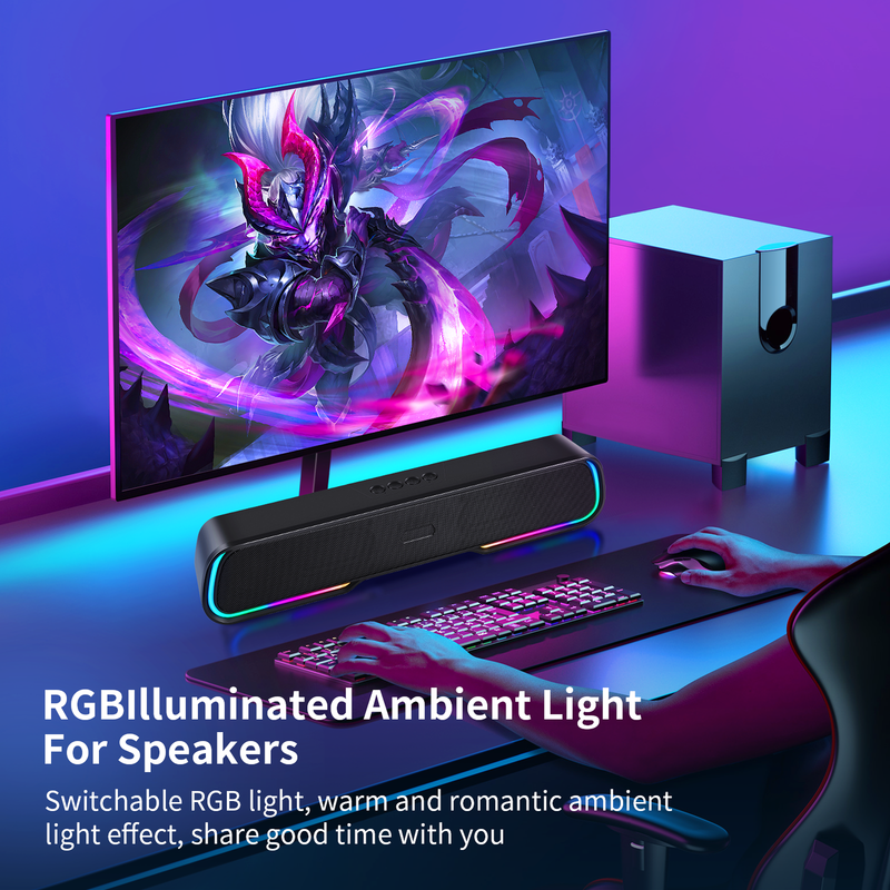 Bluetooth Speaker RGB Lights Stereo Sound Bar USB Computer For Desktop PC
