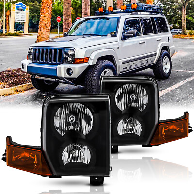 For 2006-2010 Jeep Commander Halogen Type Black Headlights Headlamps Left+Right