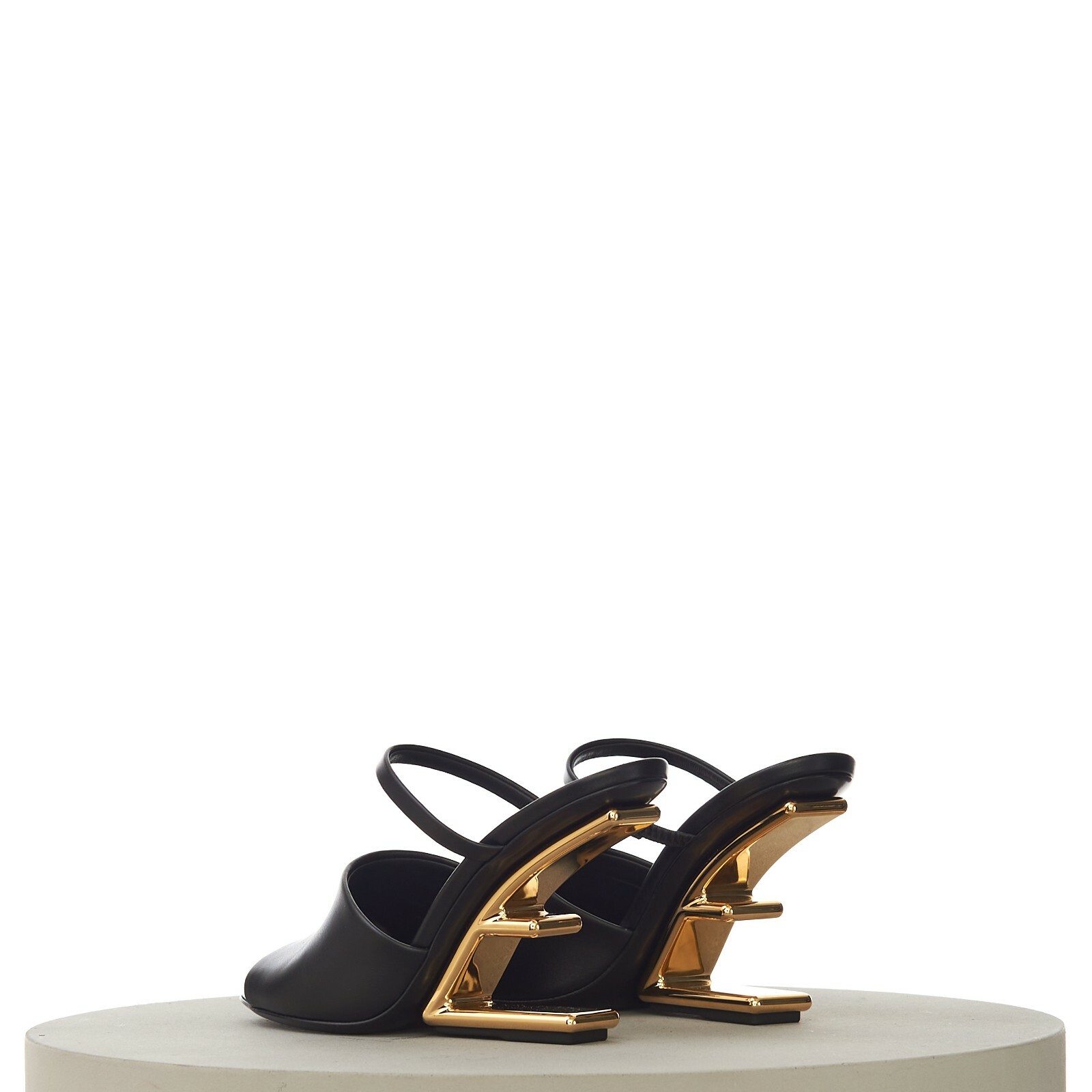 Pre-owned Fendi First 1390$ Black Leather High Heel Sandal, F-shaped Gold Metal Heel