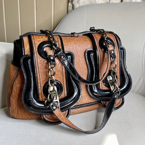 Fendi B Bag Camel And Black Patent Leather Satchel Purse