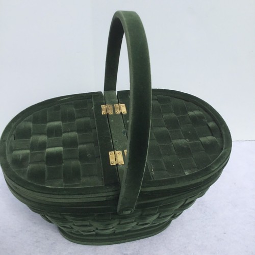 Woven Green Velour Lidded Basket Hinged Vintage 10