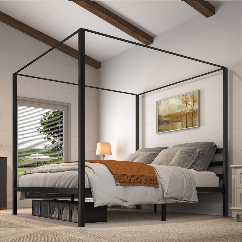 King Canopy Metal Platform Mattress Foundation W/headboard Bedroom