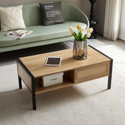Rattan Coffee Table with Sliding Storage Door, Metal Legs - Living Room