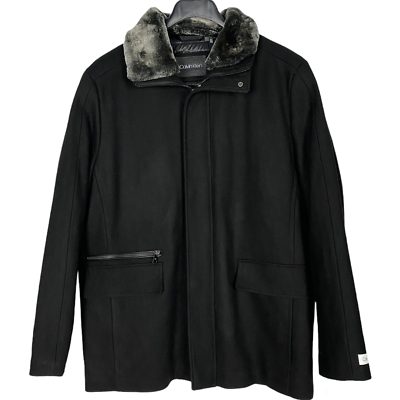 Calvin Klein Men Coat Wool Blend Faux Fur Full Zip Pockets Black