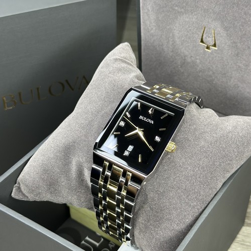 Pre-owned Bulova New✅  Quadra Diamond Date Black Dial Rectangle Two Tone Men's Watch 98d153