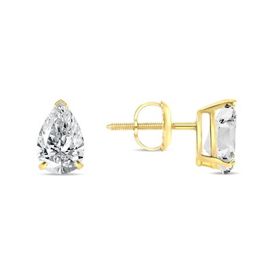 Pre-owned Shine Brite With A Diamond 2 Ct Pear Teardrop Cut Earrings Studs Solid 14k Yellow Gold Screw Back Basket In White/colorless