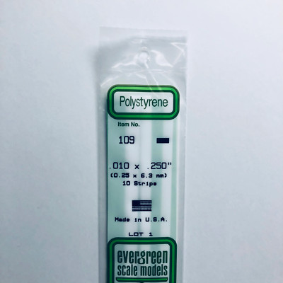 Evergreen 109 Styrene Plastic Strips 0.010'' x 0.025'' x 14'' (10)