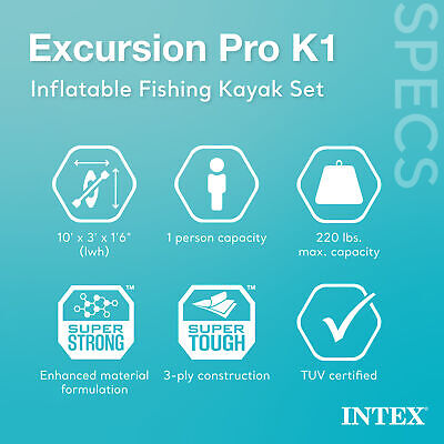 ::Intex Excursion Pro K1 Single Person Inflatable Vinyl Fishing Kayak w/ Oar/Pump