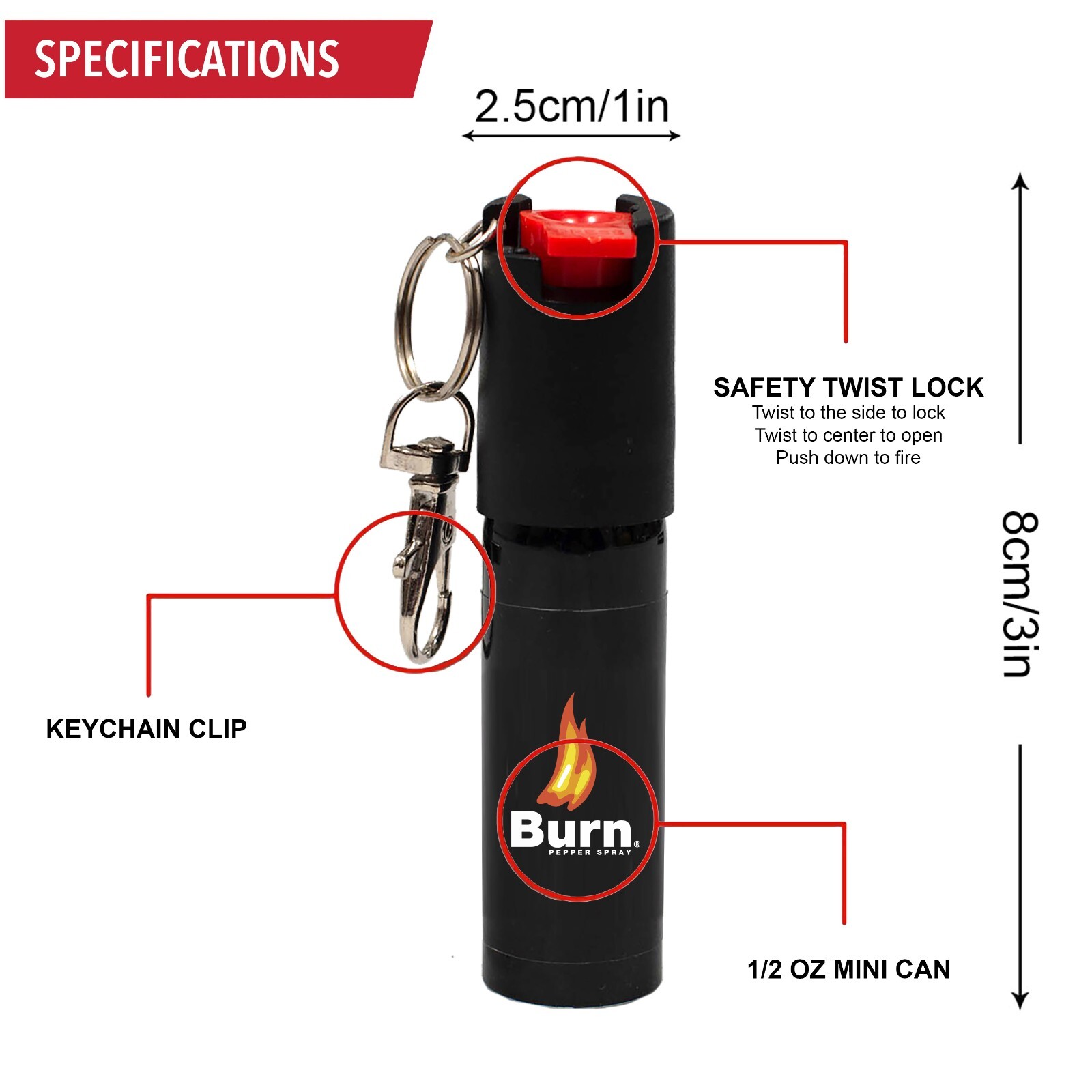 BURN Pepper Spray 1/2oz Self Defense Keychain Max Strength Key Ring Clip Black