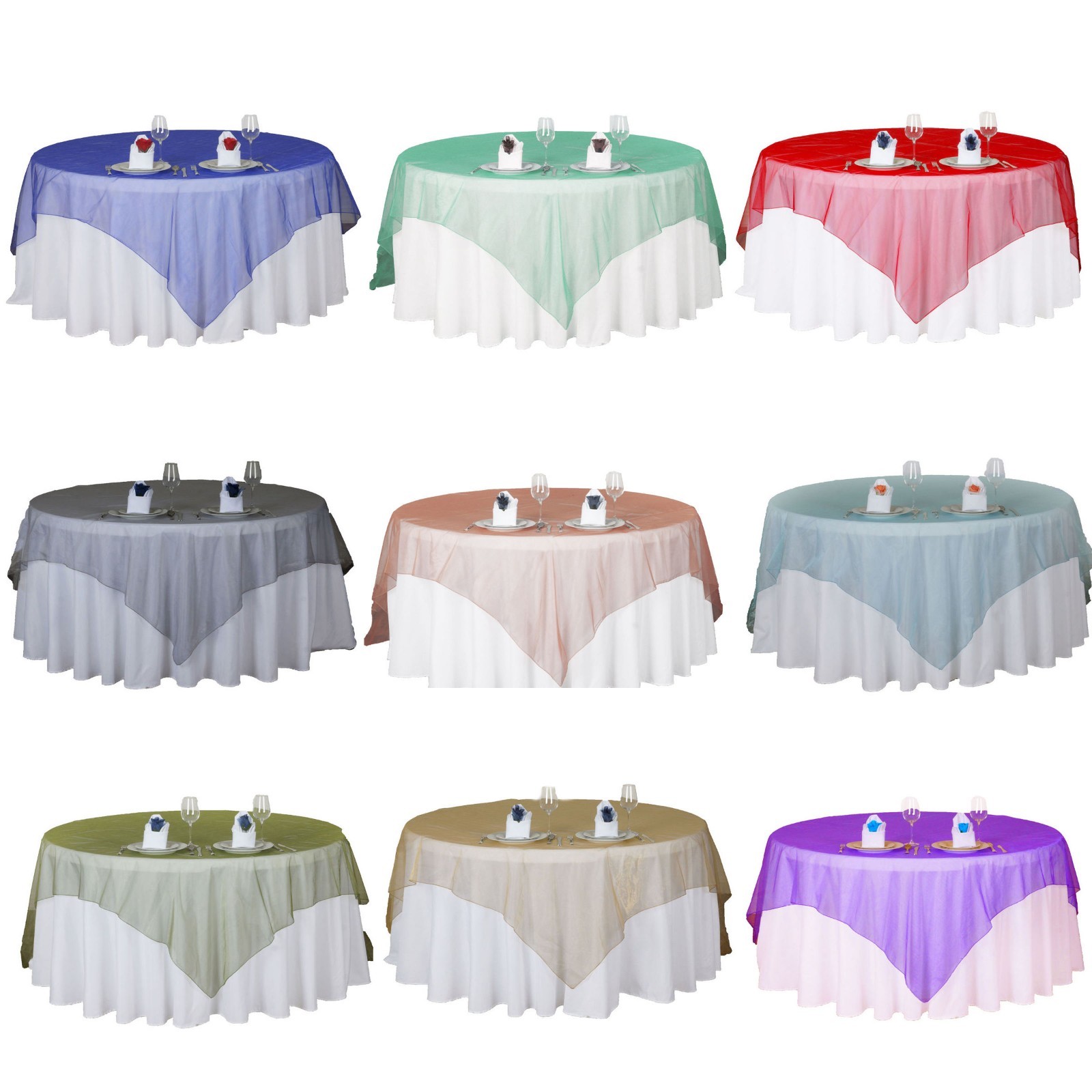 10 Pack 72/"x72/" Sheer Organza Overlay Wedding Party Banquet 20 Colors!