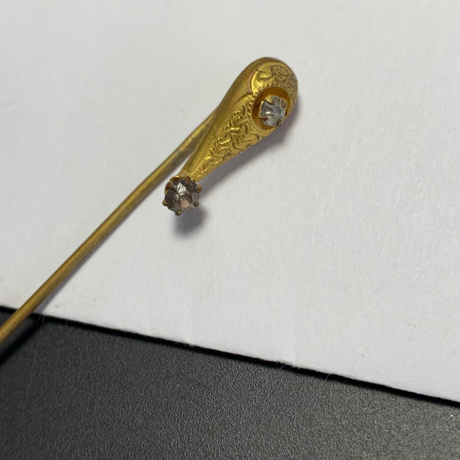 Antique Victorian Gold Plated Engraved  Paste rhinestones Stick Pin