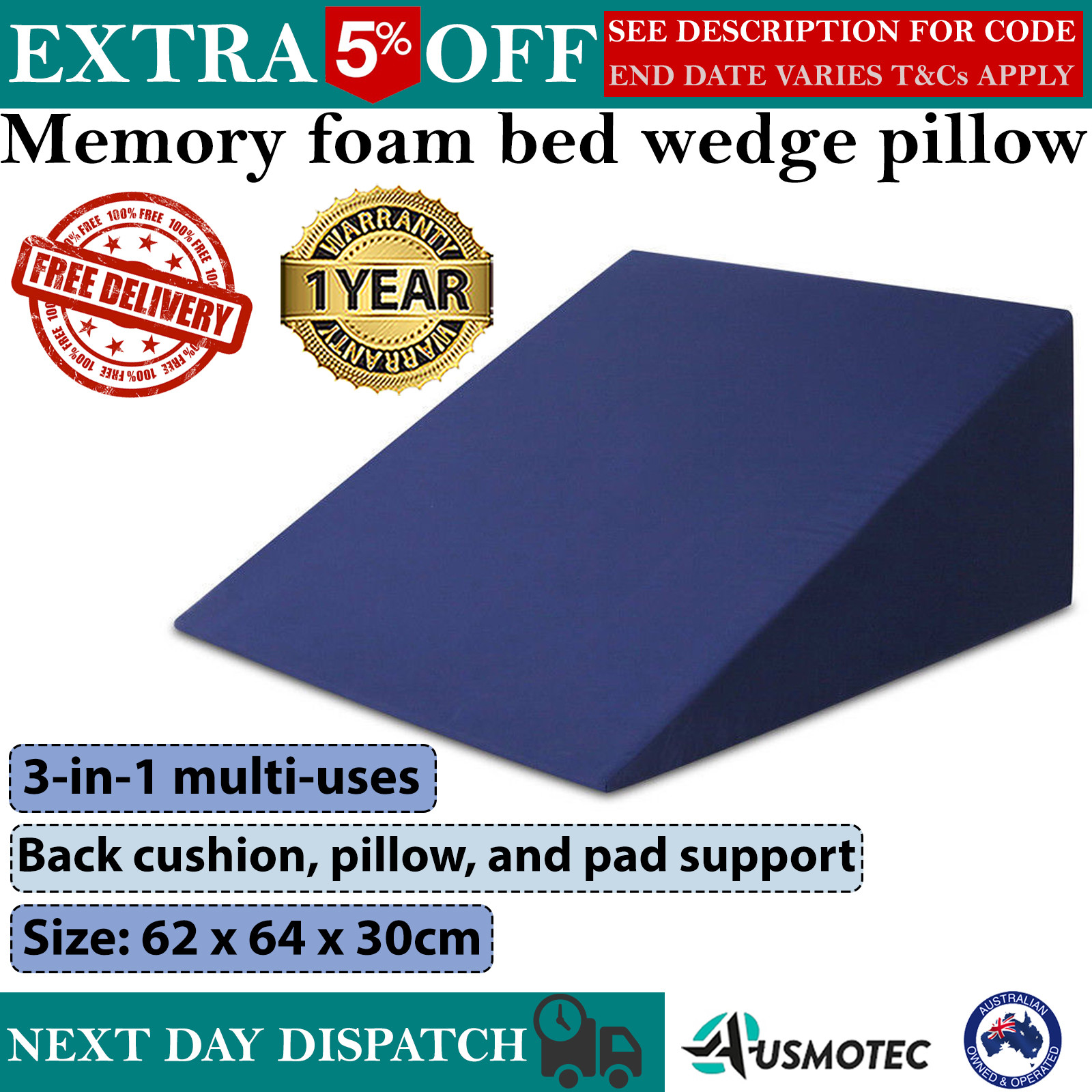 Memory Foam Bed Wedge Pillow Washable Cover Cushion Back Neck