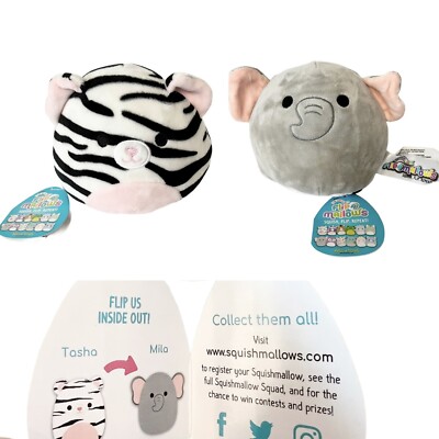 Squishmallow Flip A Mallows Tasha Zebra Elephant Mila 5'' Kellytoy NEW
