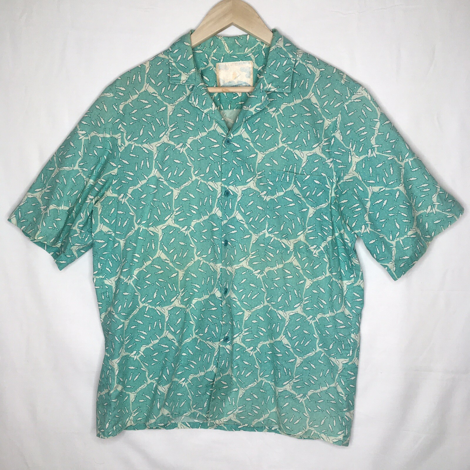 VTG Frank Mens Retro Shark Teal Green Short Sleeve Shirt Size L USA Hipster