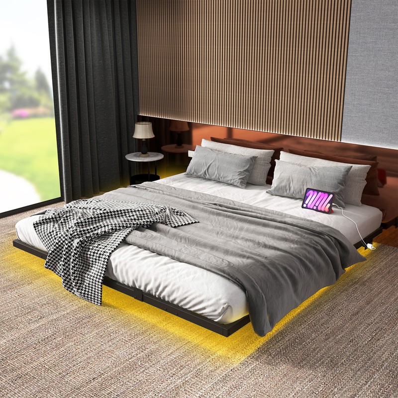 King Size Floating Bed Frame with Charging & LED Lights