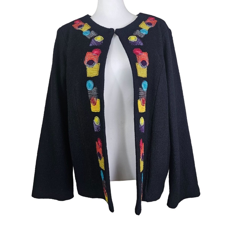 Sara Isabella Black Open Wool Jacket Sz M Colorful Embroidered