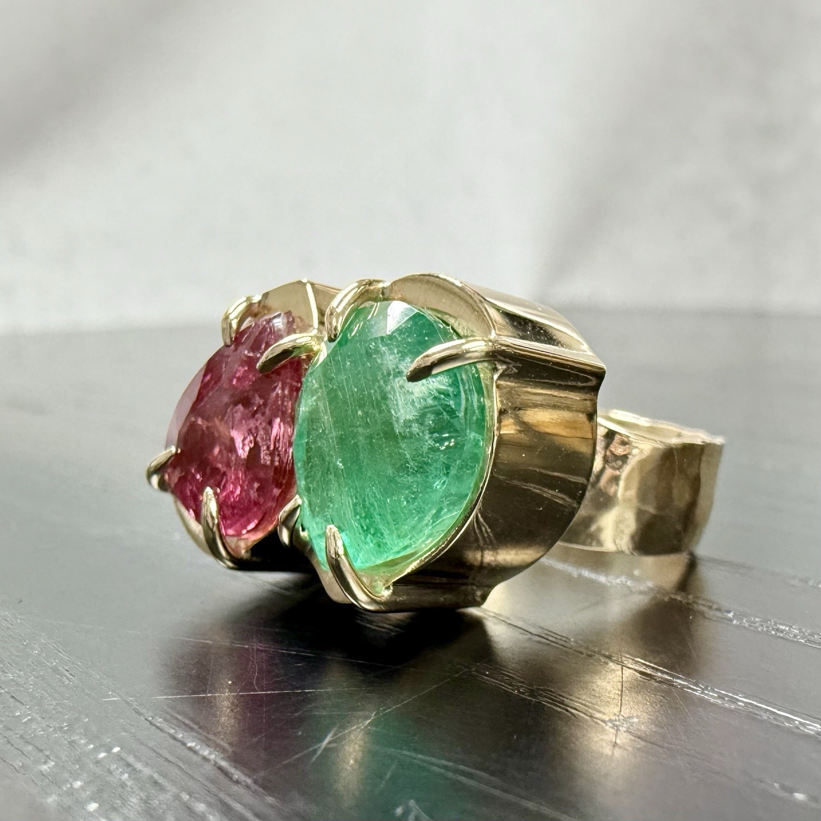 14k Yellow Gold Genuine Emerald & Pink Tourmaline Modernist Ring, New Size 6.5 - Picture 6 of 14