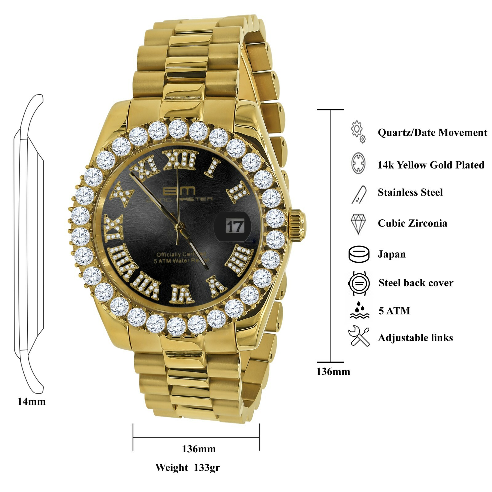 Pre-owned Bling Master Solid Steel Black Dial 18k Gold Simulated Diamonds Presidential 42mm Men's Watch