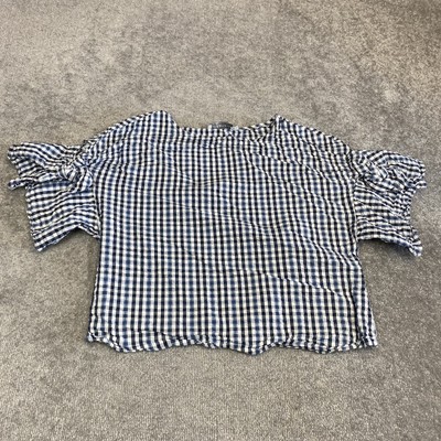 Alice & Trixie Shirt Womens Small Blue Checkerboard Cropped Bow Short Sleeve