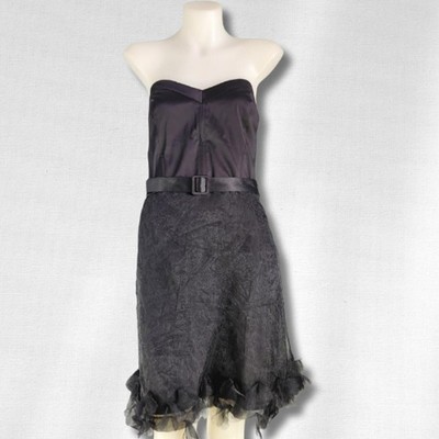 Vintage Black Y2K Mini Dress Sheer Ruffle Hem Strapless Clubwear Party Size 10