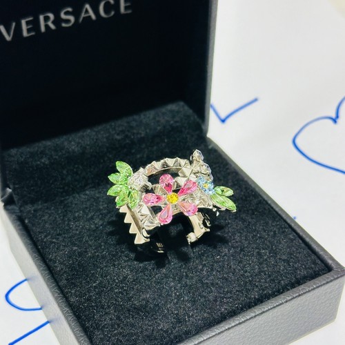 Pre-owned Versace Greca Multi Color Crystal Flower Bloom Silver Ring Size 15/us 7 $675