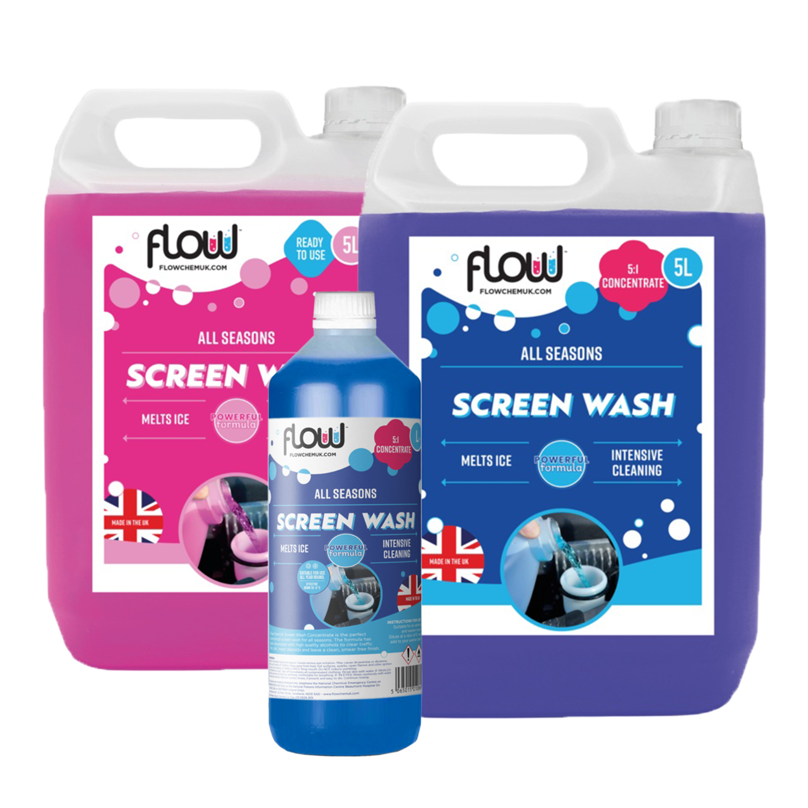 Flowchem Screen Wash All Seasons  UK Concentrate -5°C Temp Non Smear Blue Pink 1.50 per litre