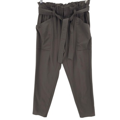ATHLETA Skyline Paper Bag Waist Pants Olive Gray Belted 292915-03 Size 8