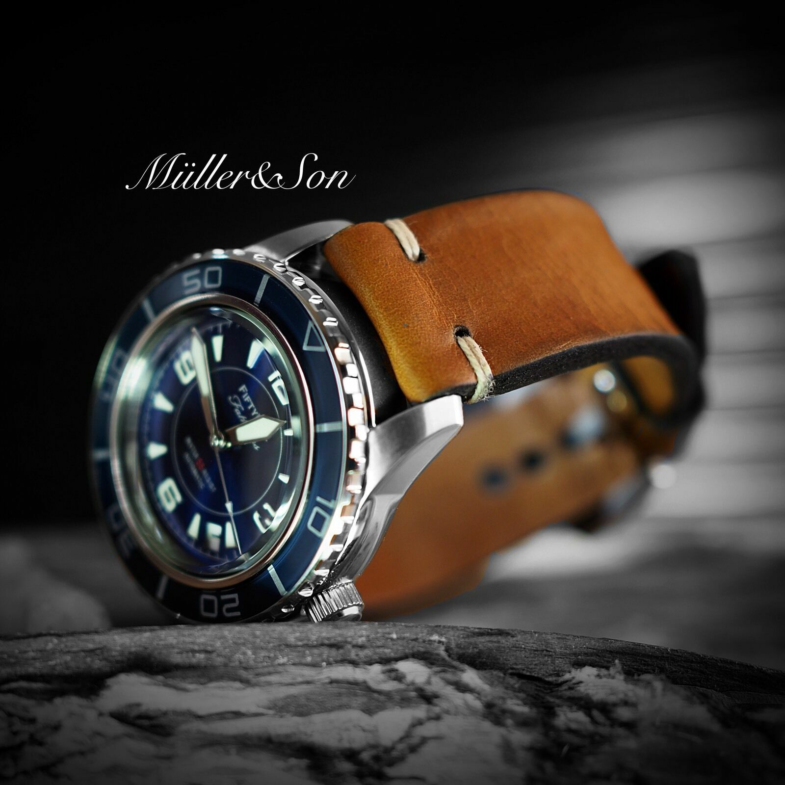 Pre-owned Müller&son Watch "blue Mod 1" From Seiko Snzh Fifty Five Fathoms + Horween Strap