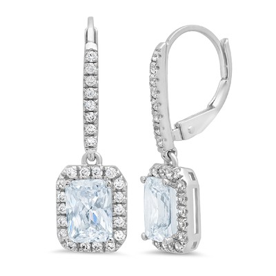 Pre-owned Pucci 3.5 Emerald Round Halo Natural Aquamarine Lever Back Earrings 14k White Gold In D