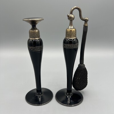 2 DeVilbiss Matching French Perfume Bottles Black Glass Art Deco Atomizer France