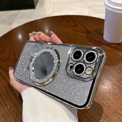 For Xiaomi OPPO VIVO Mirror Magnetic Stand Case Glitter Phone Cover Girl Holder