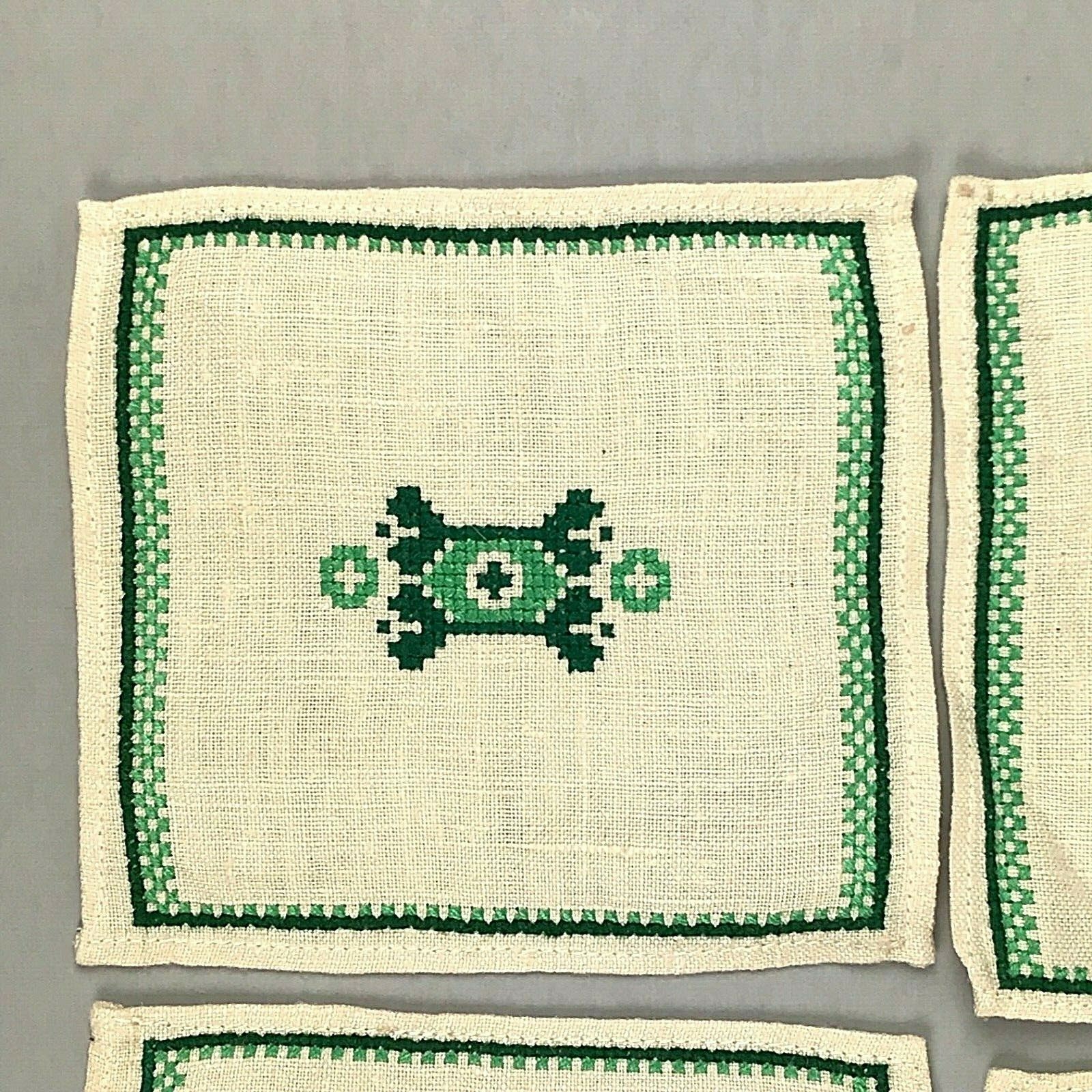 Vintage Linen Coasters Embroidered Cross Stitch Set of 6 Ivory Green