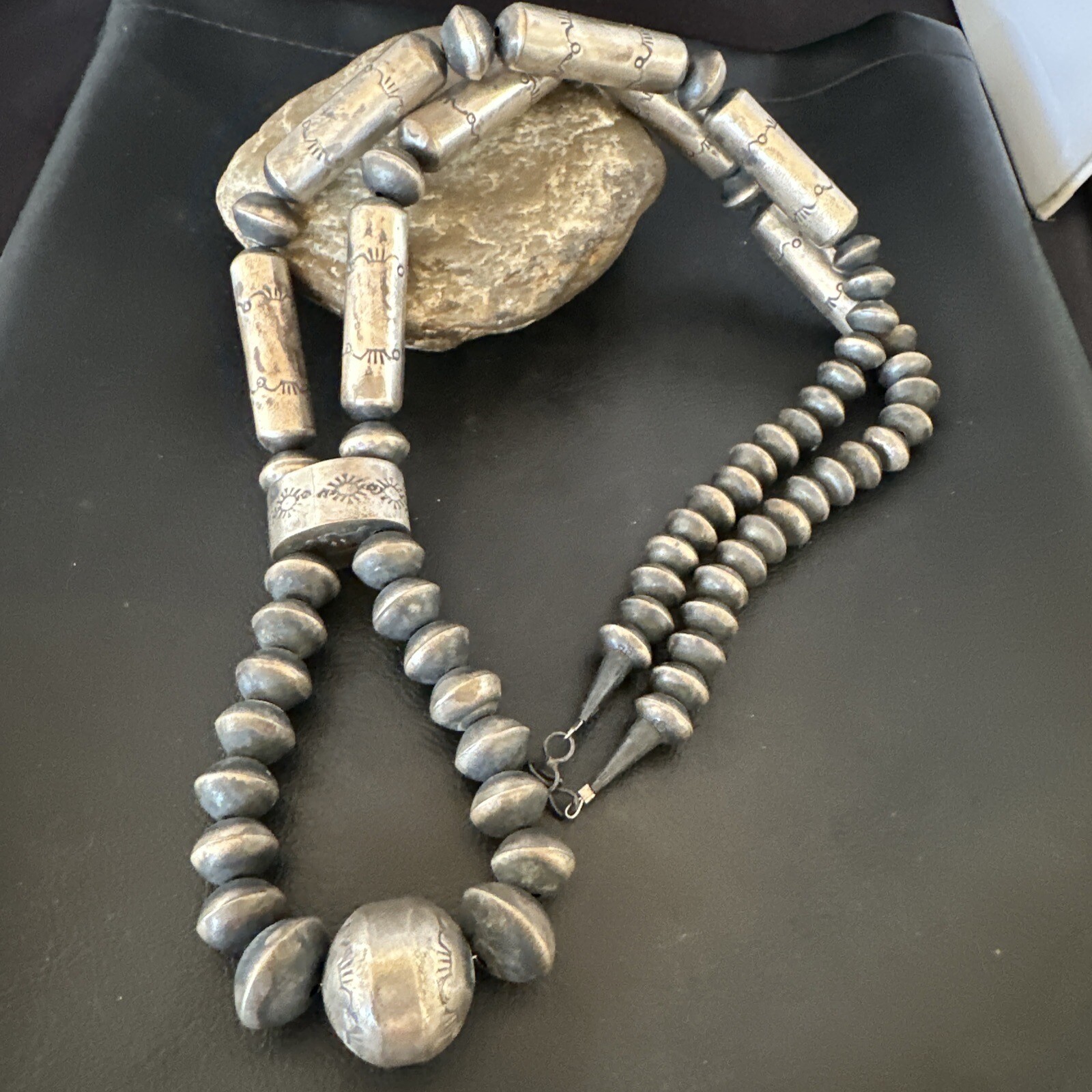 Handmade Stamped Bench Navajo Sterling Silver Bead Necklace