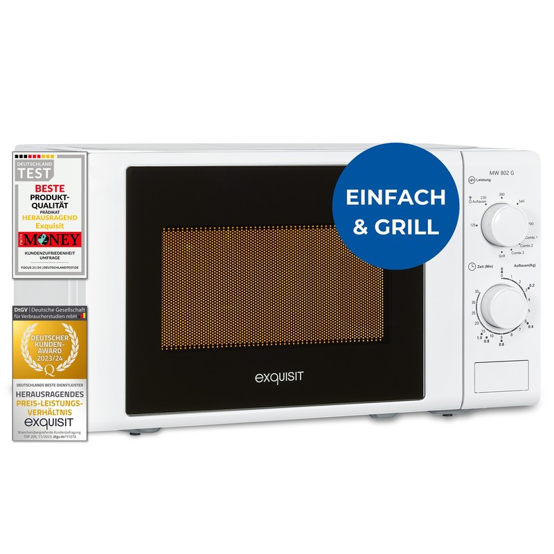 Exquisit Mikrowelle 20l, 1000 W Grill, 700 W, 25,5cm Drehteller, Mw 802g Weiss