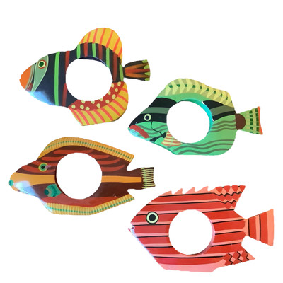 Hand Painted Fish Napkin Rings Set Wood Tropical Fish from India Décor -Set of 4