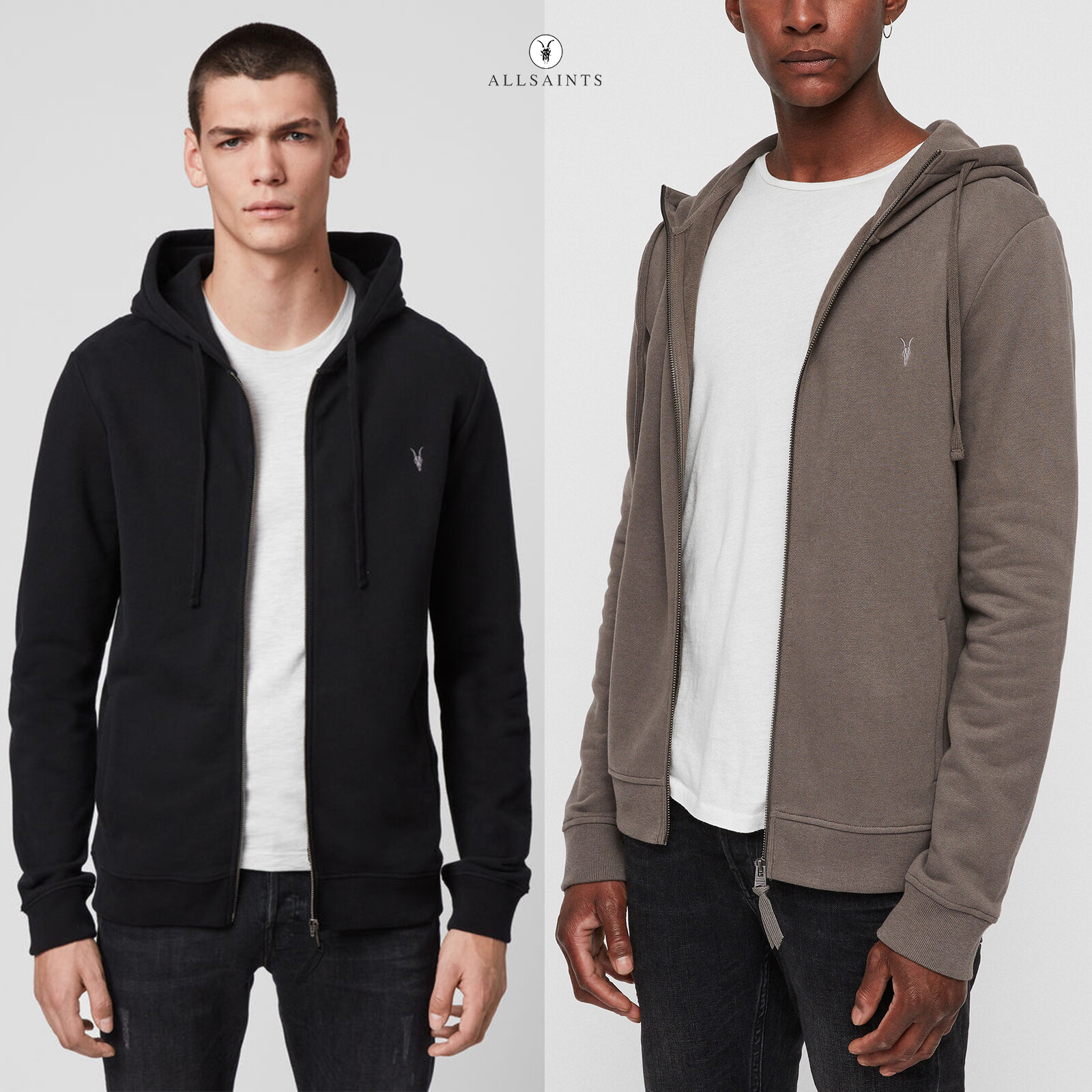 All Saints Mens Zip Hoodie Designer Raven Zip Thru Hooded Sweatshirt Hoody  | eBay