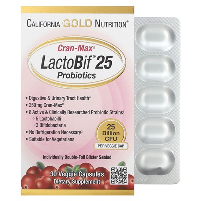 California Gold Nutrition LactoBif Пробиотики CranMax 25 миллиардов КОЕ 30 капсул