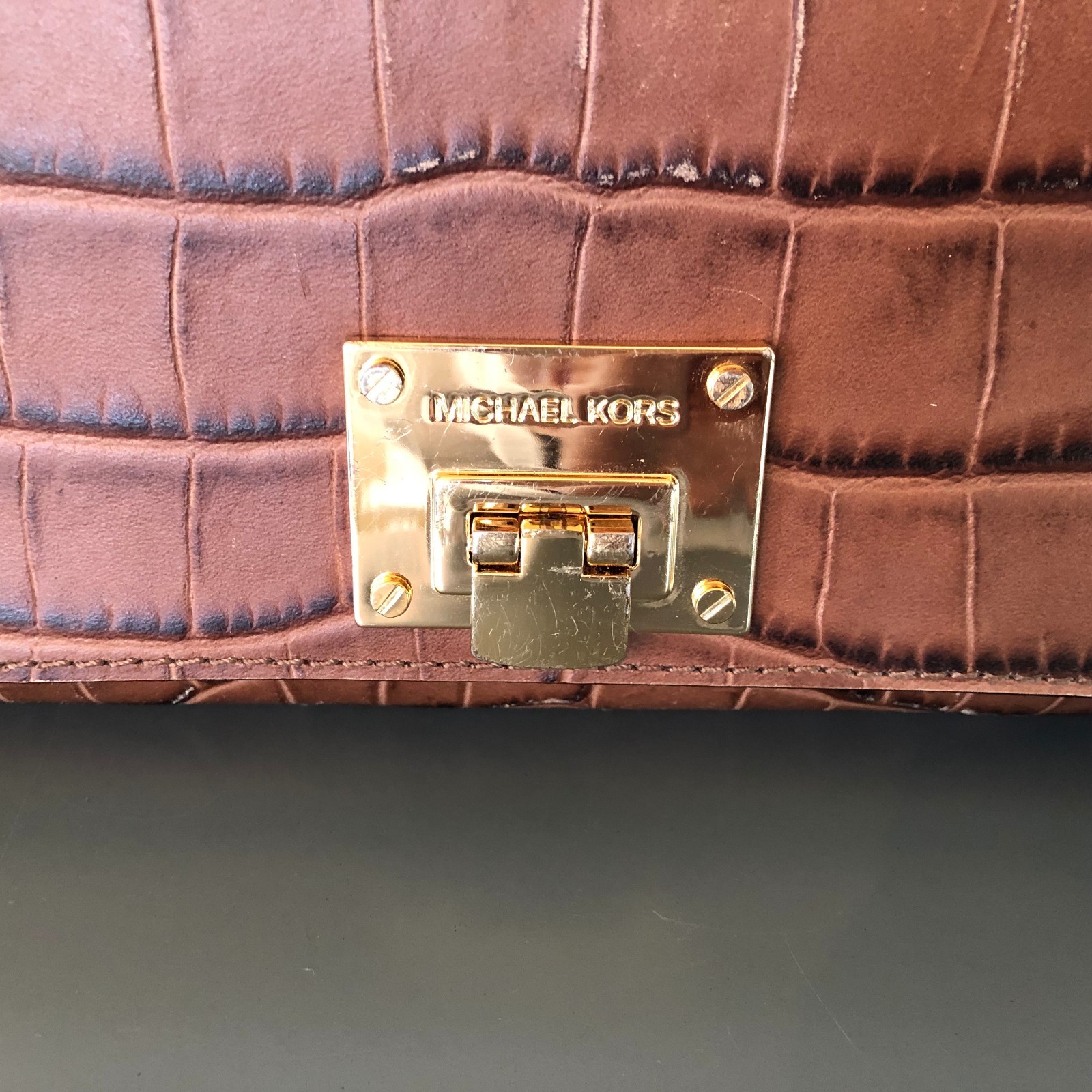 Michael Kors Brown Leather Accordian Bifold Gold Tone Snake Skin Print Wallet