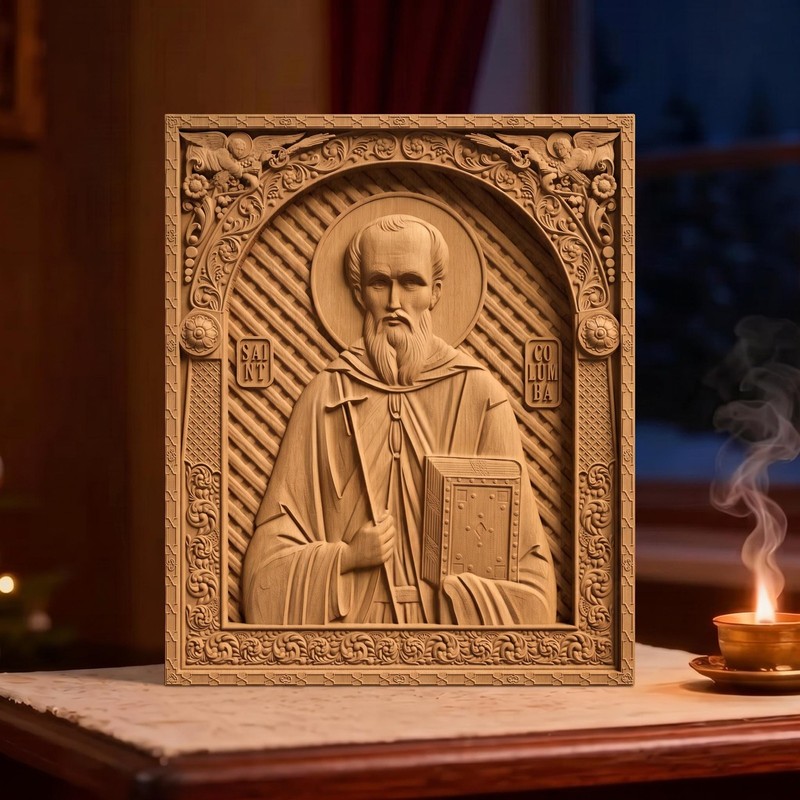 Saint Columba Wooden Carved Handmade Byzantine Greek Orthodox Christian Icon