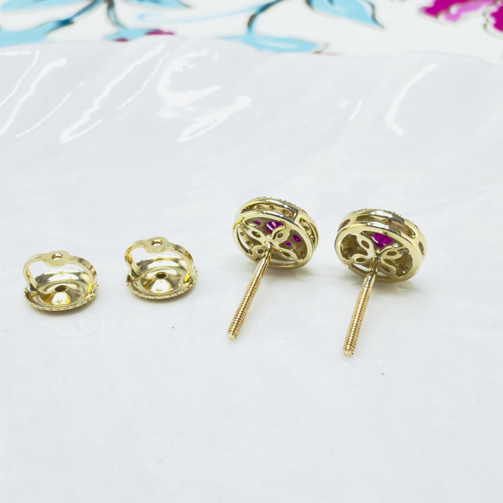 14k Yellow Gold Genuine Ruby & Diamond Halo Stud Screw-Back Earrings, New - Picture 8 of 10