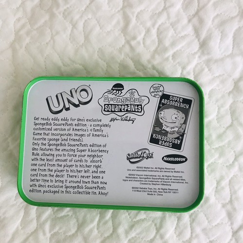 Spongebob Squarepants Uno Special Edition Tin Set Card Game 2002 Green Case 111