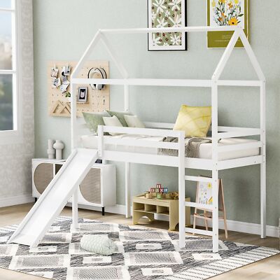 Wood Loft Bed House Bed With Slide White For Bedroom White